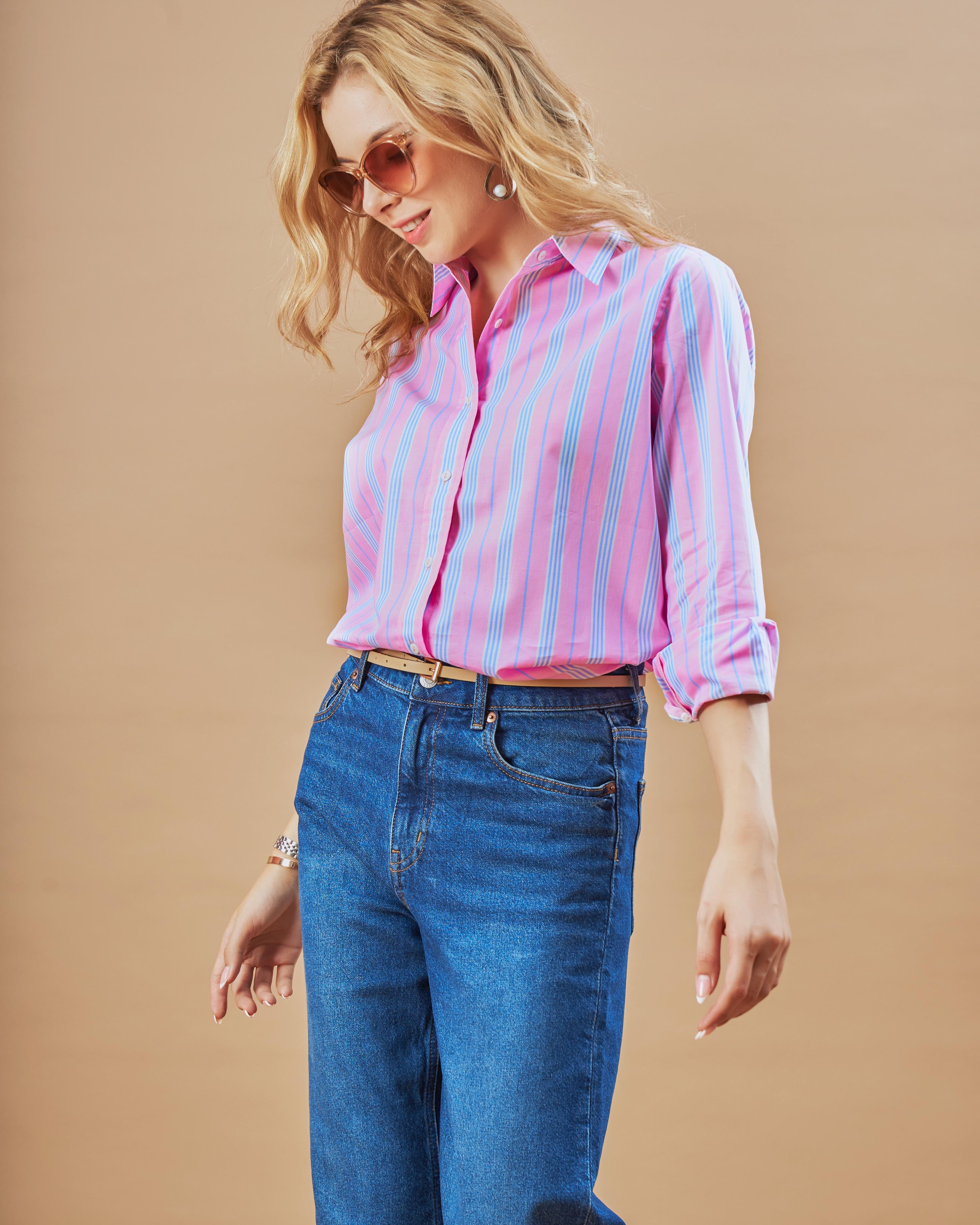 Girl wearing blue & white striped women's cotton shirt from Gazillion