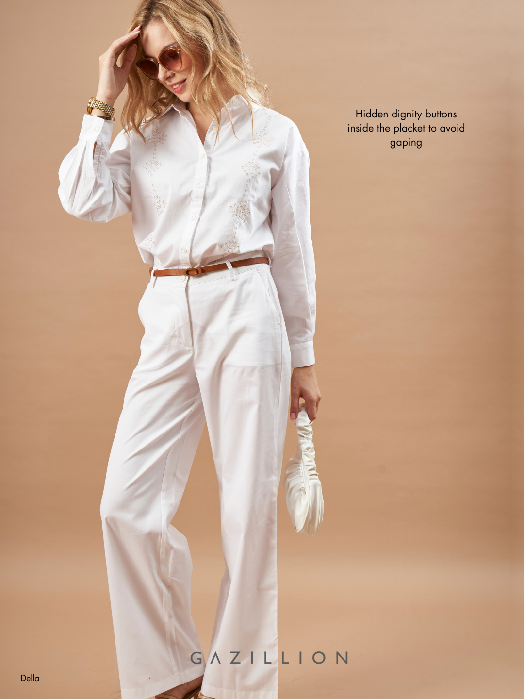 Woman wearing a white outfit with text on a beige background