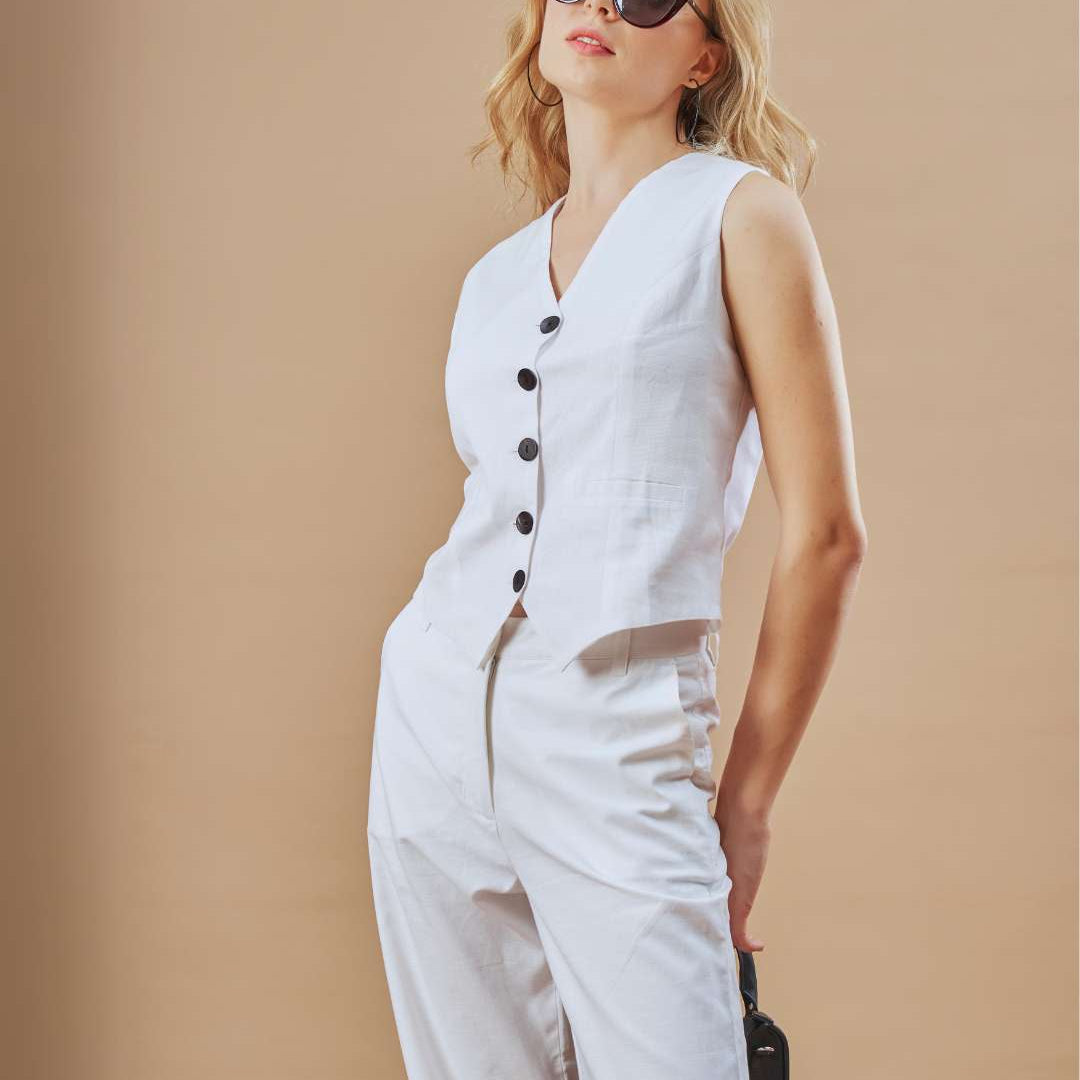 Dina White Vest Stylish Cotton Linen Co-Ord Set