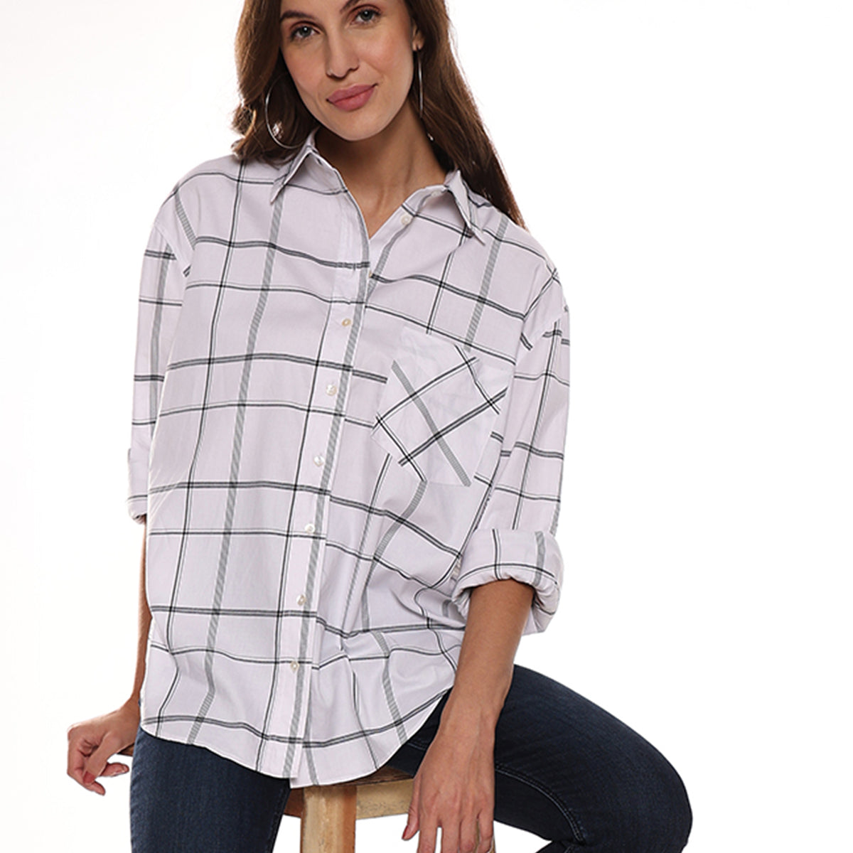 Alivia White Checks Cotton Oversized Shirt