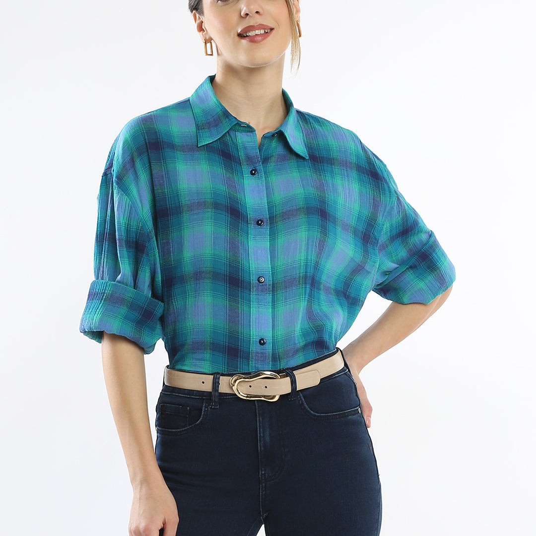 Ella Blue Checks Cotton Oversized Shirt