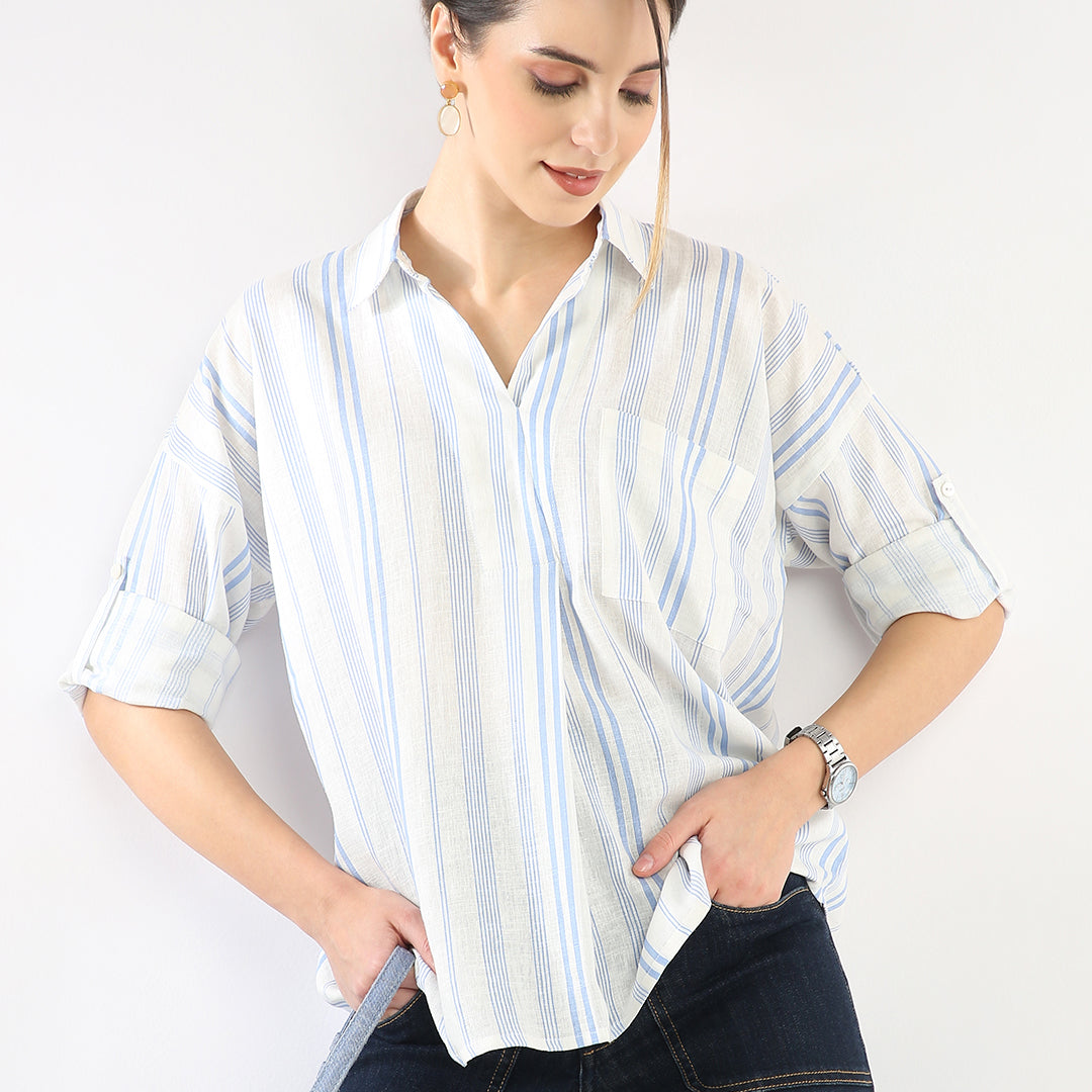 Erin Blue & White Stripes Cotton Pullover Shirt