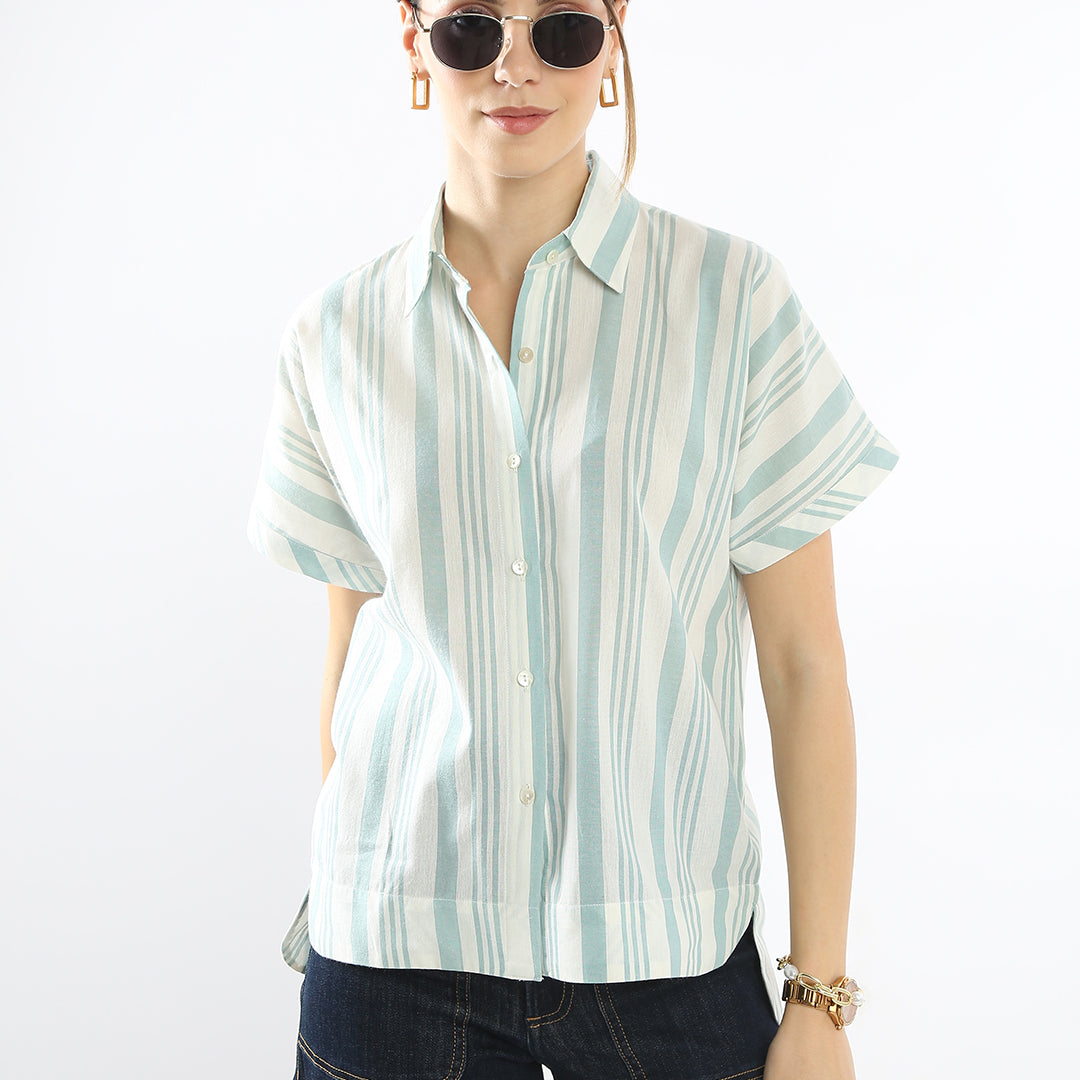 Elle Green Stripes Cotton Office Shirt