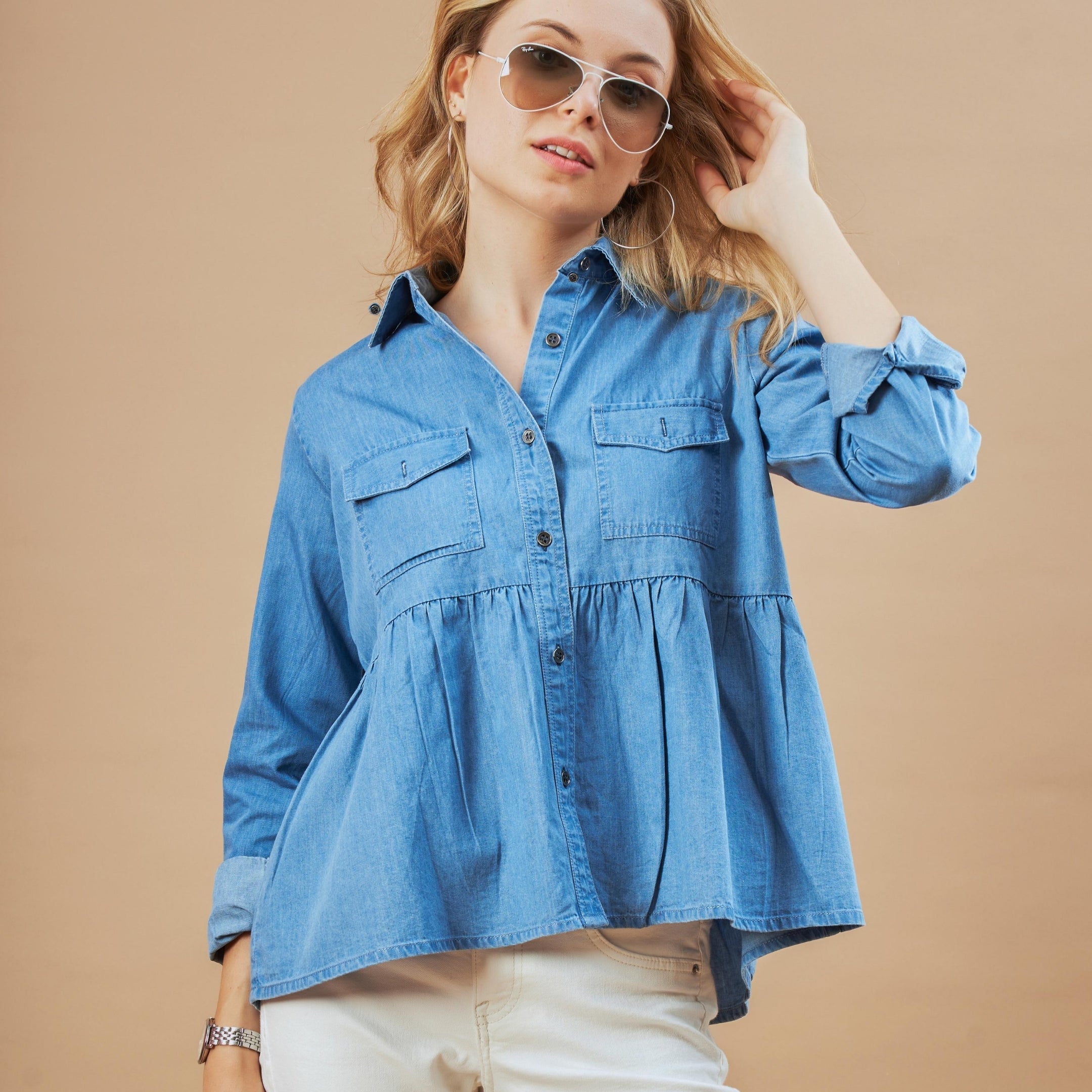 Delta Light Blue Denim Peplum Shirt