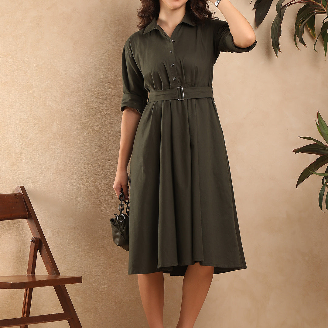 Diana Olive Green Cotton Formal Midi Shirt Dress