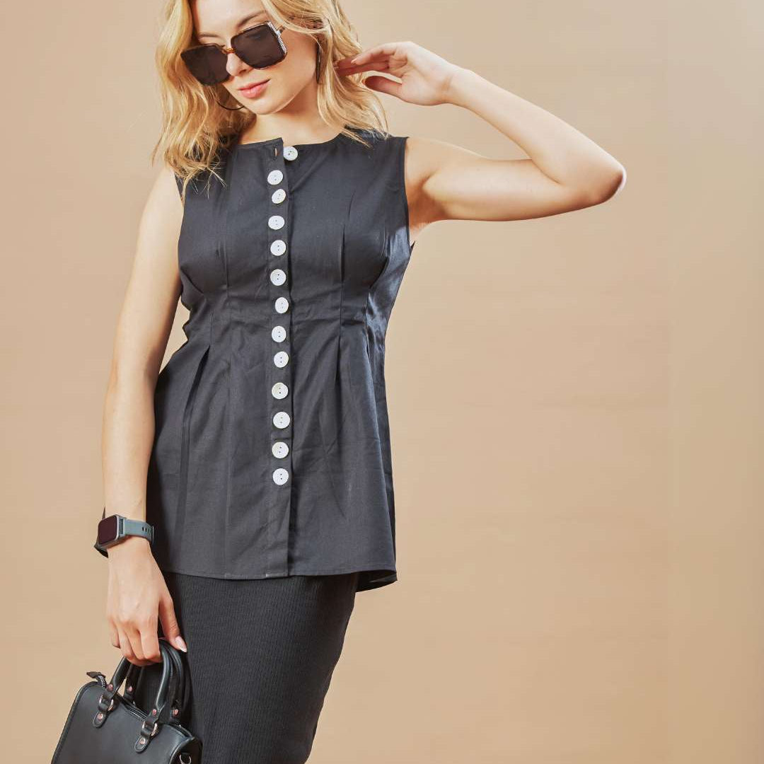 Doris Black Sleeveless Collarless Cotton Shirt