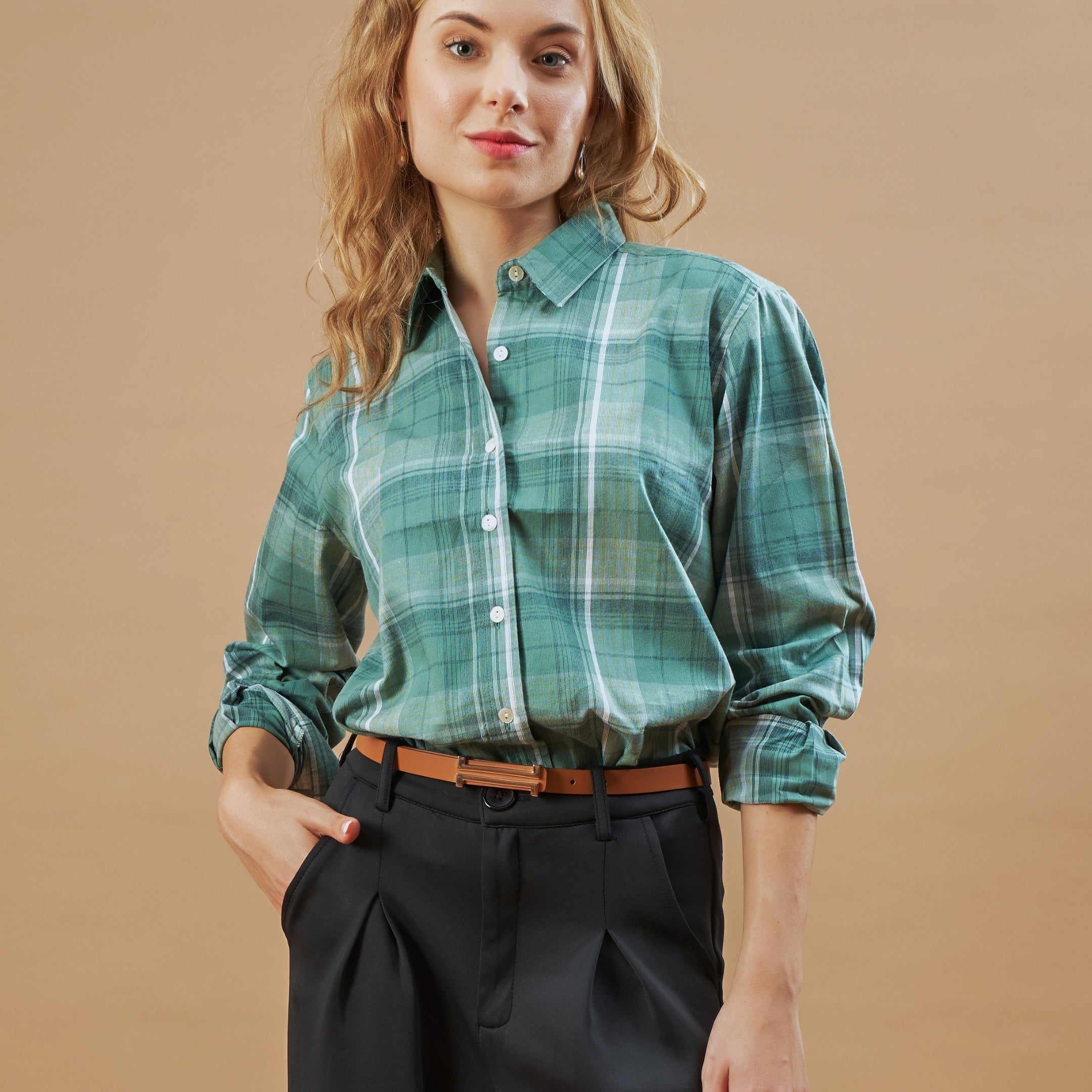 Doralynn Olive Green Checks Cotton Office Casual Shirt