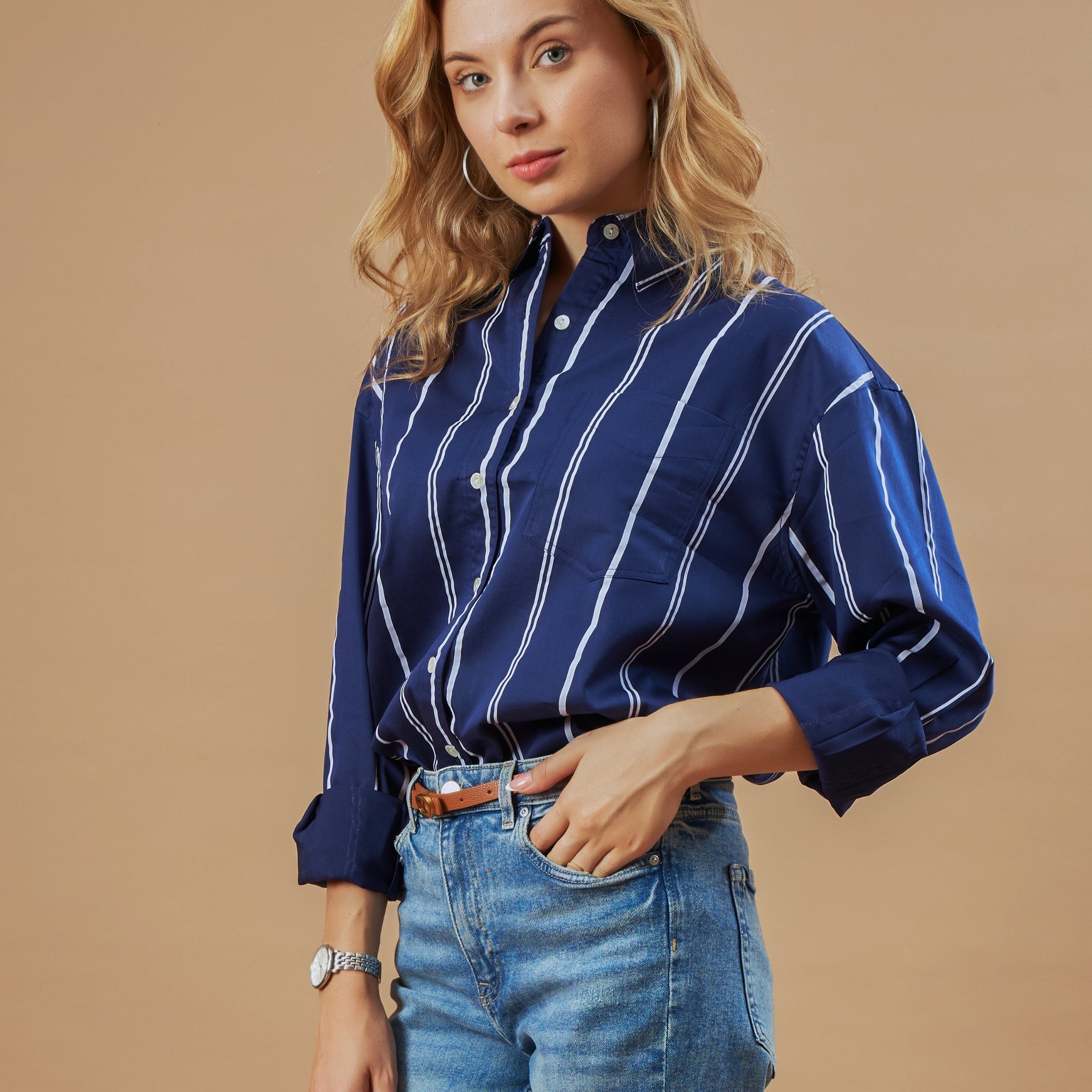 Darlina Navy Blue Striped Cotton Oversized Shirt