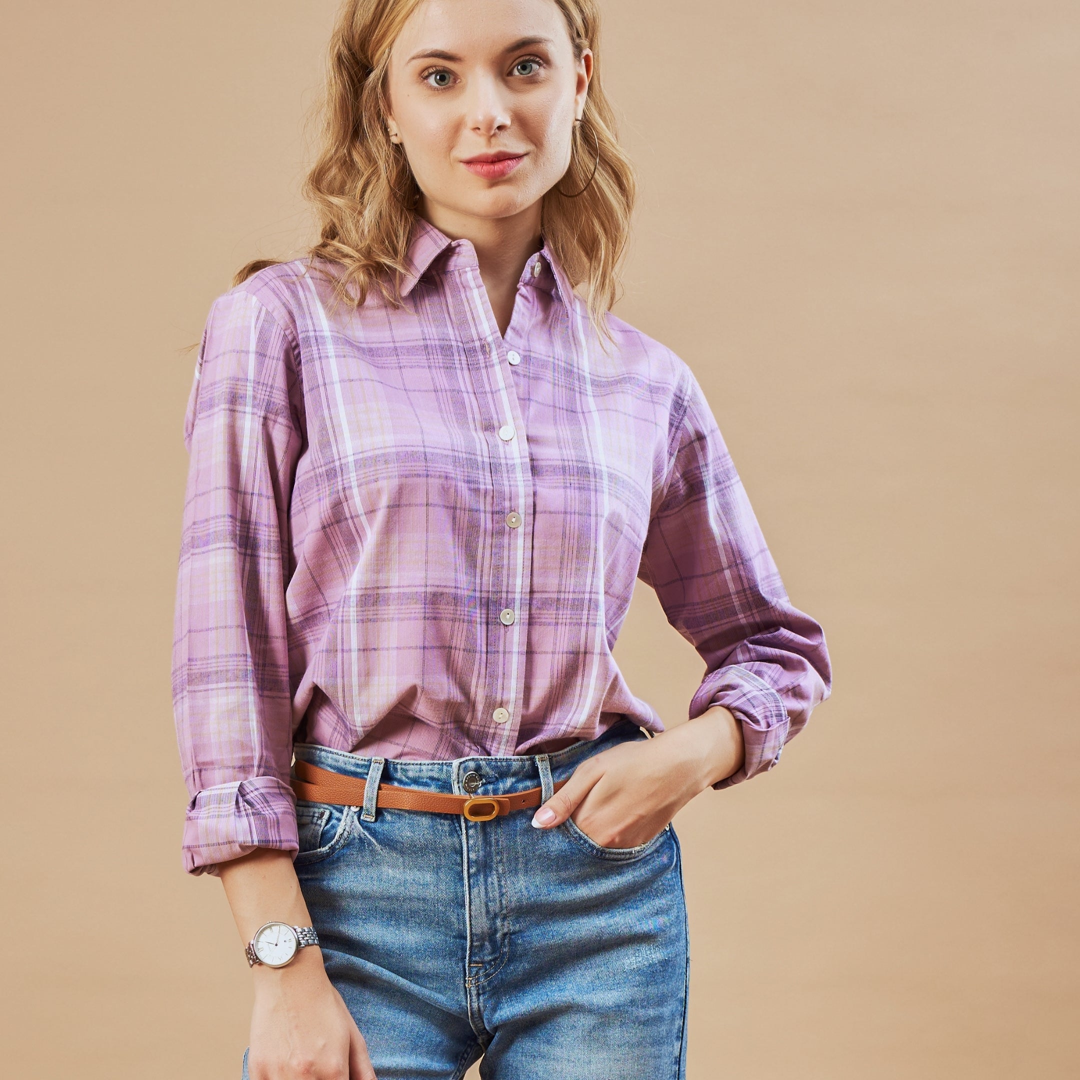 Doralynn Lavender Checks Cotton Office Casual Shirt