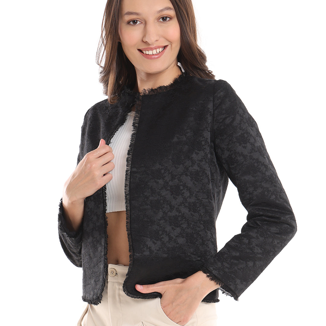 Enid Black Jacquard Collarless Cropped Jacket