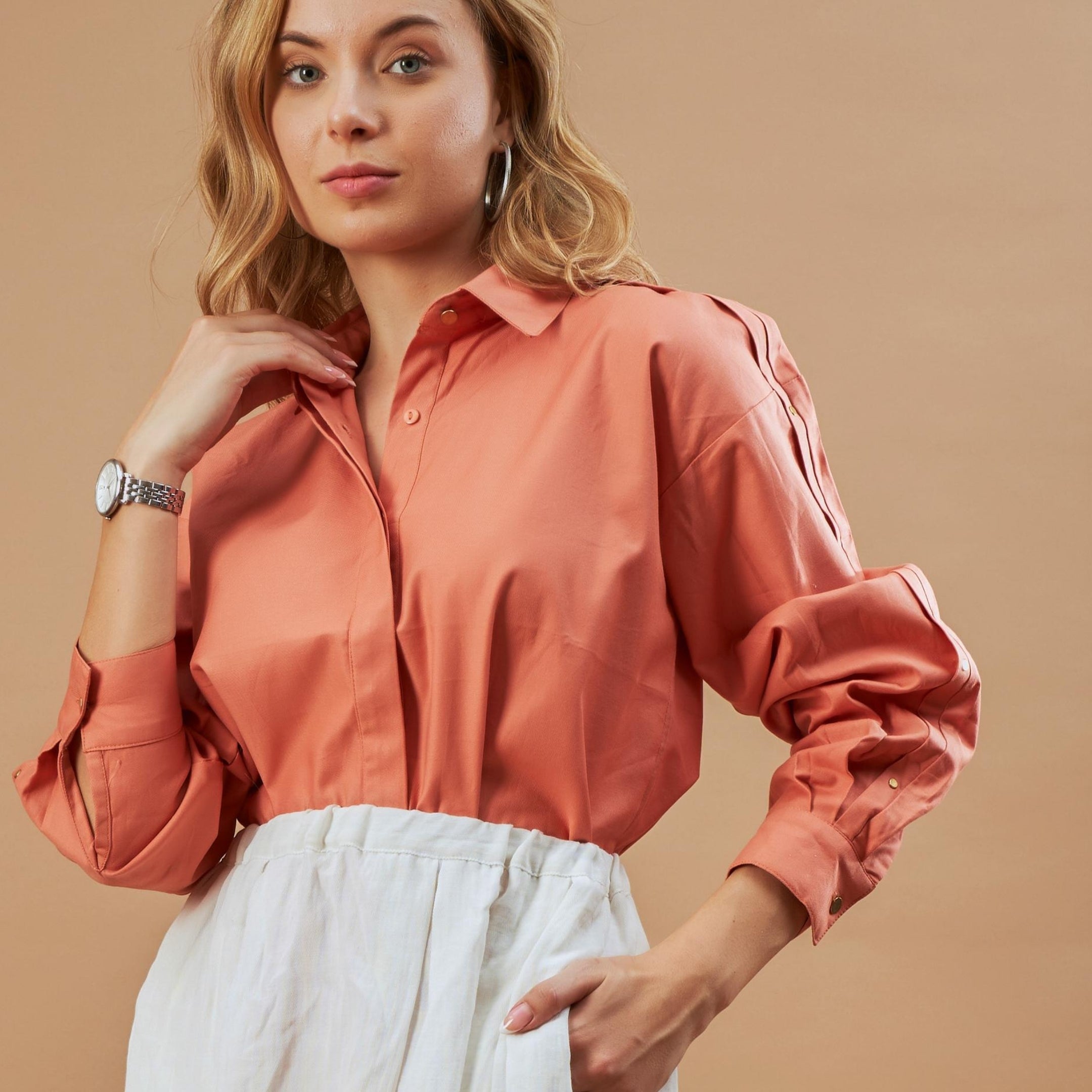 Dasha Peach Cotton Oversized Shirt with Metal Studs