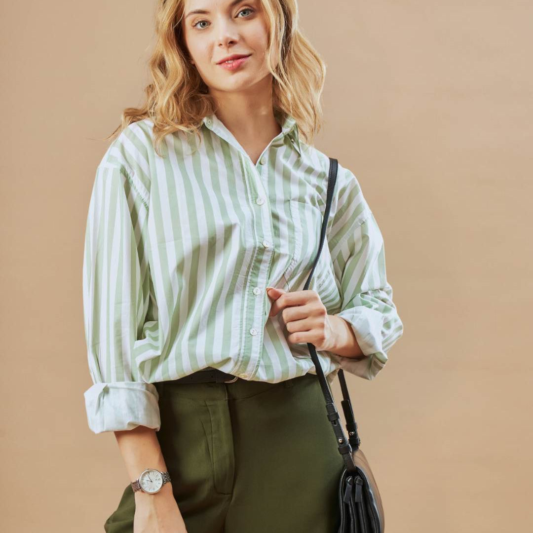 Delilah Sage Green Stripped Cotton Oversized Shirt