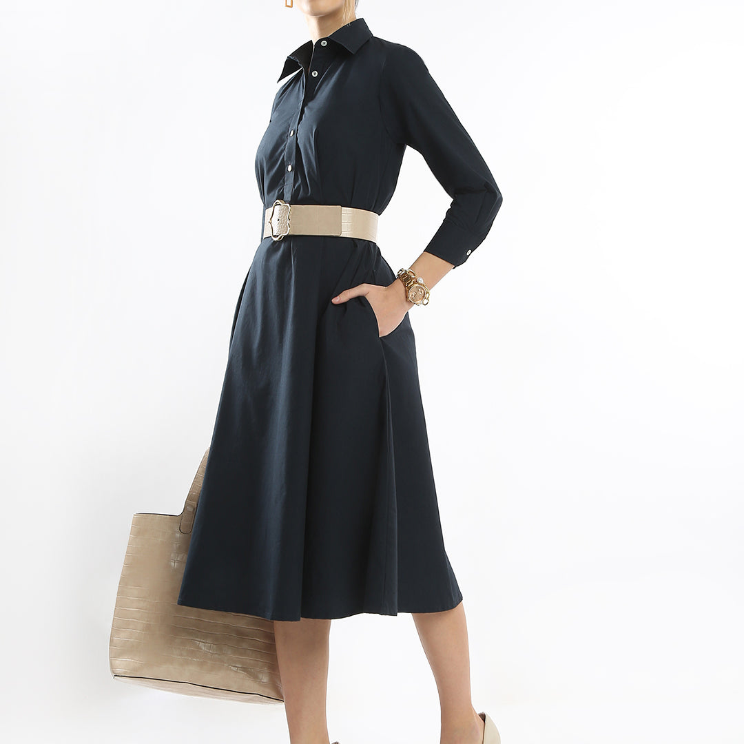 Elinda Black Cotton Formal Midi Dress