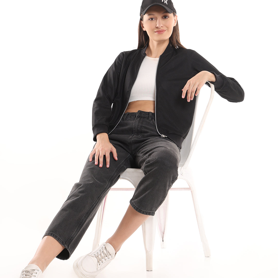 Emryn Black Net Cropped Bomber Jacket