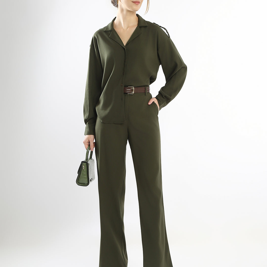 Durance Olive Green Viscose Stylish Office Co-Ord Set
