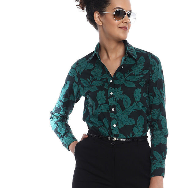 Beca Dark Green Floral Print Cotton Shirt