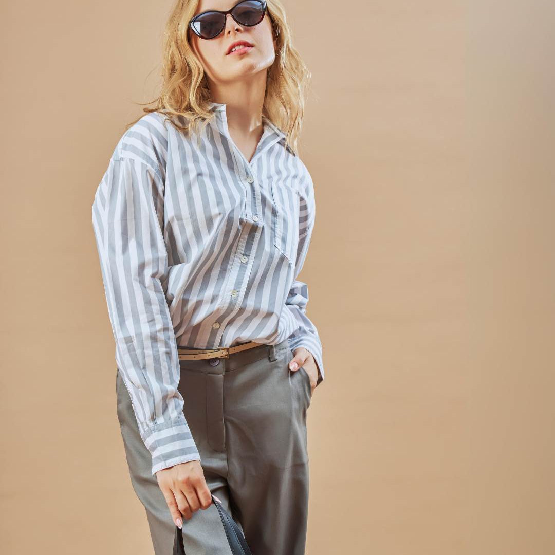 Delilah Grey Striped Cotton Oversized Shirt