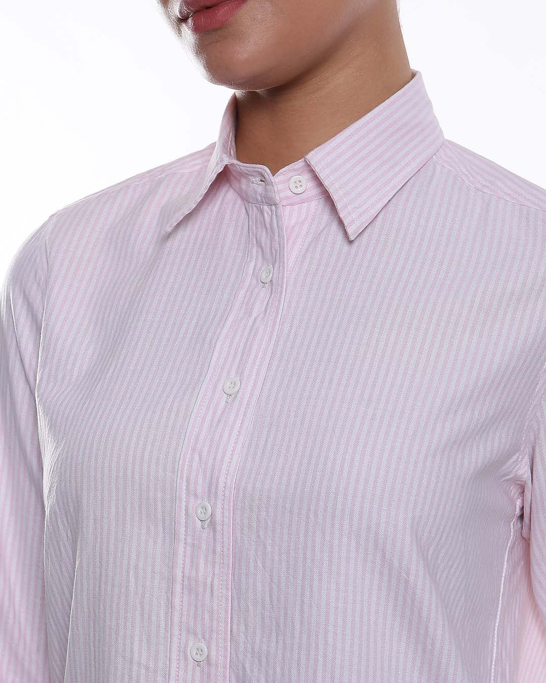 Aksa Pink & White Striped Oxford Cotton Shirt for Women - Zurich Fit from Gazillion - Front Detail