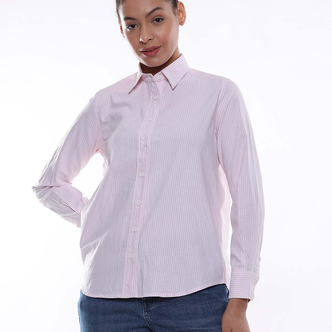 Aksa Pink & White Striped Oxford Cotton Shirt for Women - Zurich Fit from Gazillion - Front Look