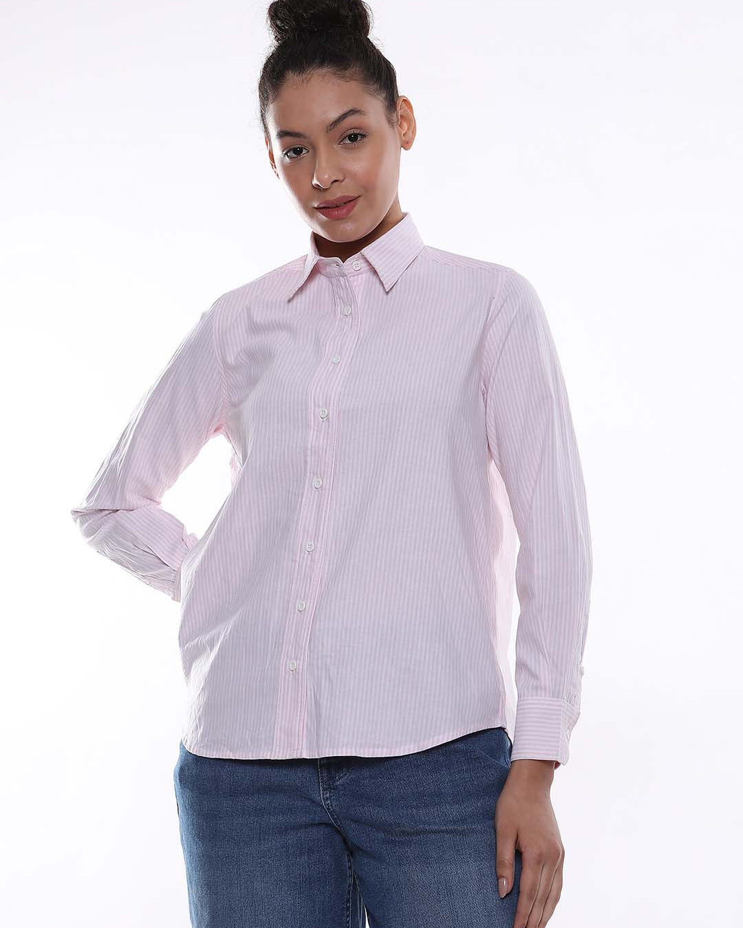 Aksa Pink & White Striped Oxford Cotton Shirt for Women - Zurich Fit from Gazillion - Front Look