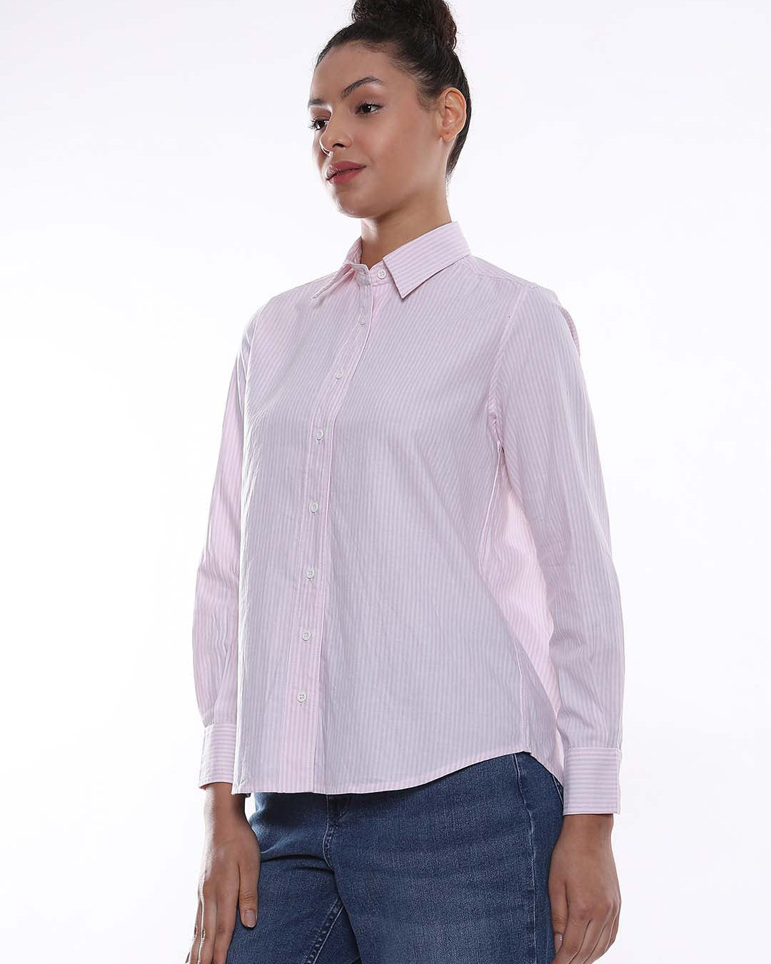 Aksa Pink & White Striped Oxford Cotton Shirt for Women - Zurich Fit from Gazillion - Left Side Look