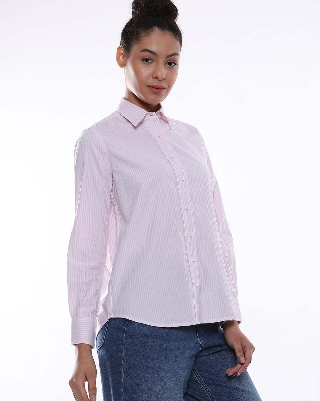 Aksa Pink & White Striped Oxford Cotton Shirt for Women - Zurich Fit from Gazillion - Right Side Look