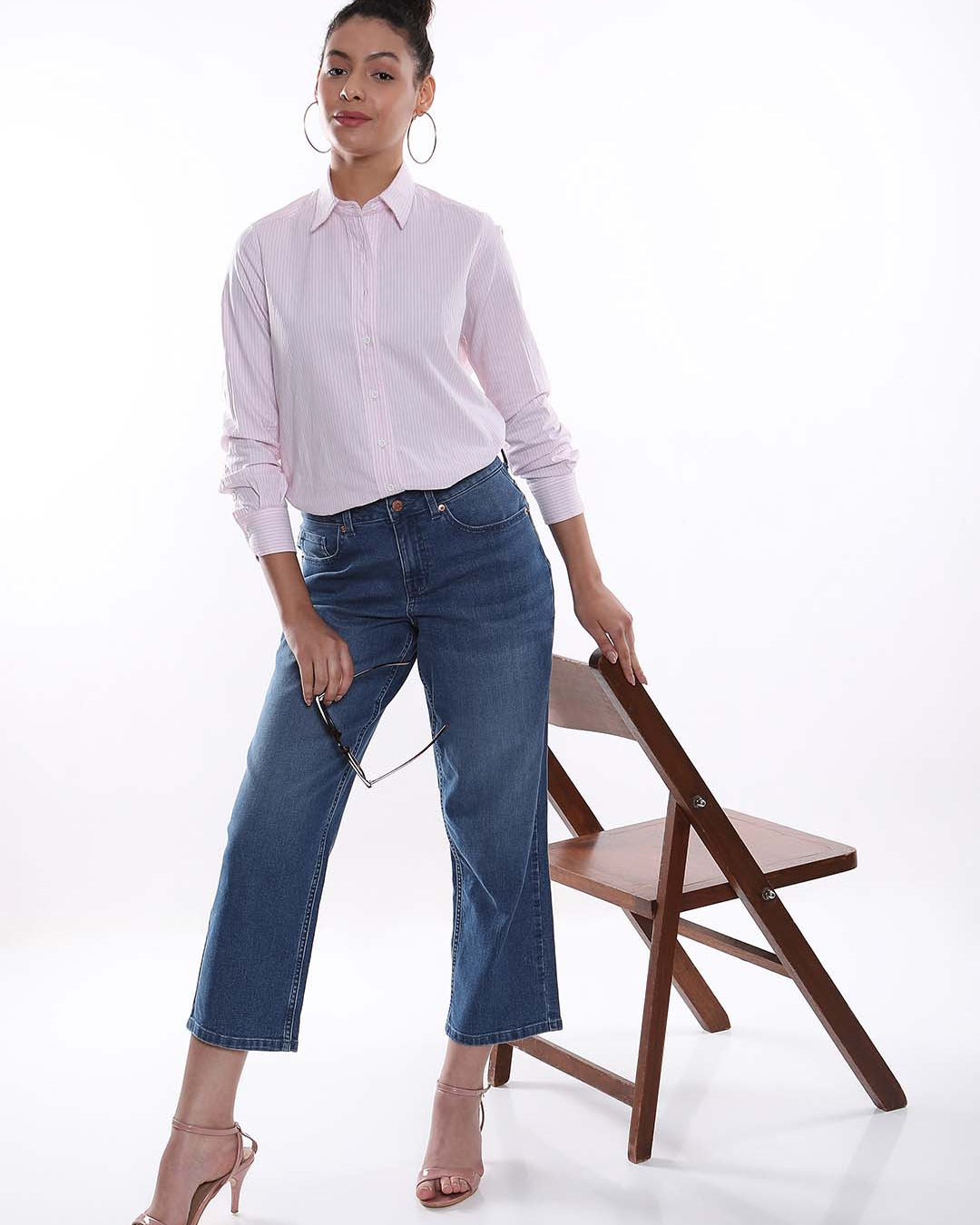 Aksa Pink & White Striped Oxford Cotton Shirt for Women - Zurich Fit from Gazillion - Standing Stylised Look With Accessories
