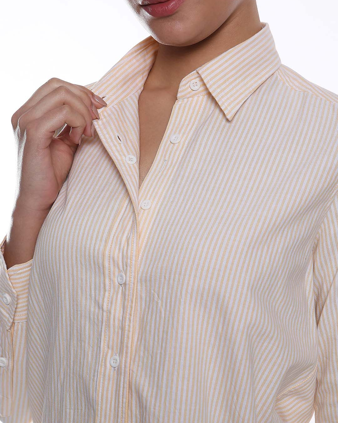 Aksa Yellow & White Striped Oxford Cotton Shirt for Women - Zurich Fit from Gazillion - Dignity Buttons Detail