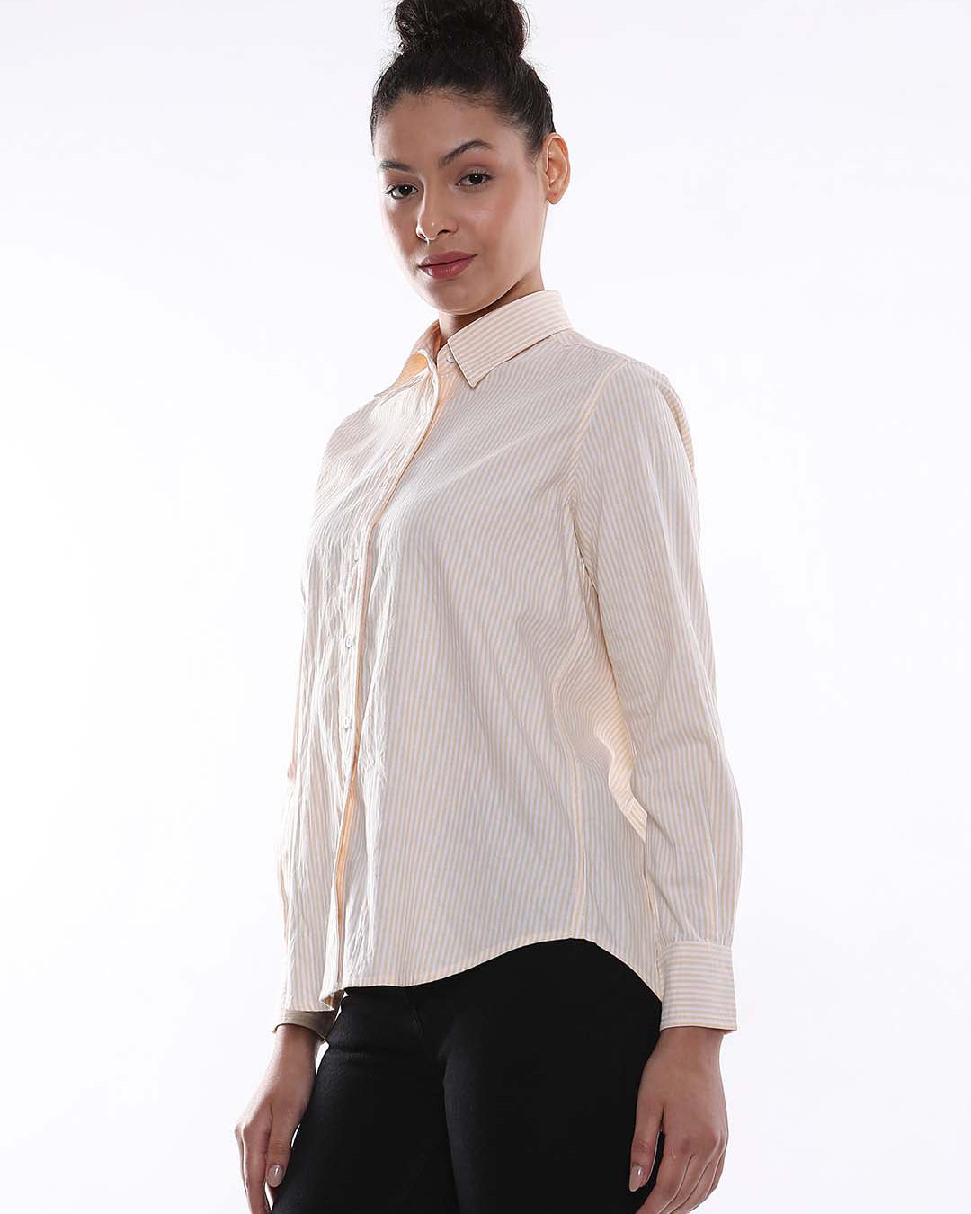 Aksa Yellow & White Striped Oxford Cotton Shirt for Women - Zurich Fit from Gazillion - Left Side Look
