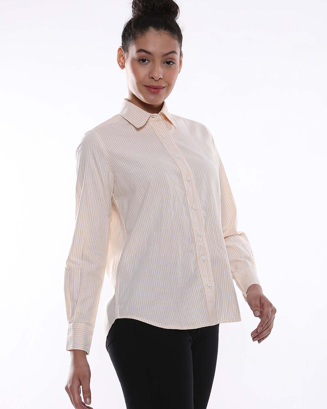 Aksa Yellow & White Striped Oxford Cotton Shirt for Women - Zurich Fit from Gazillion - Right Side Look