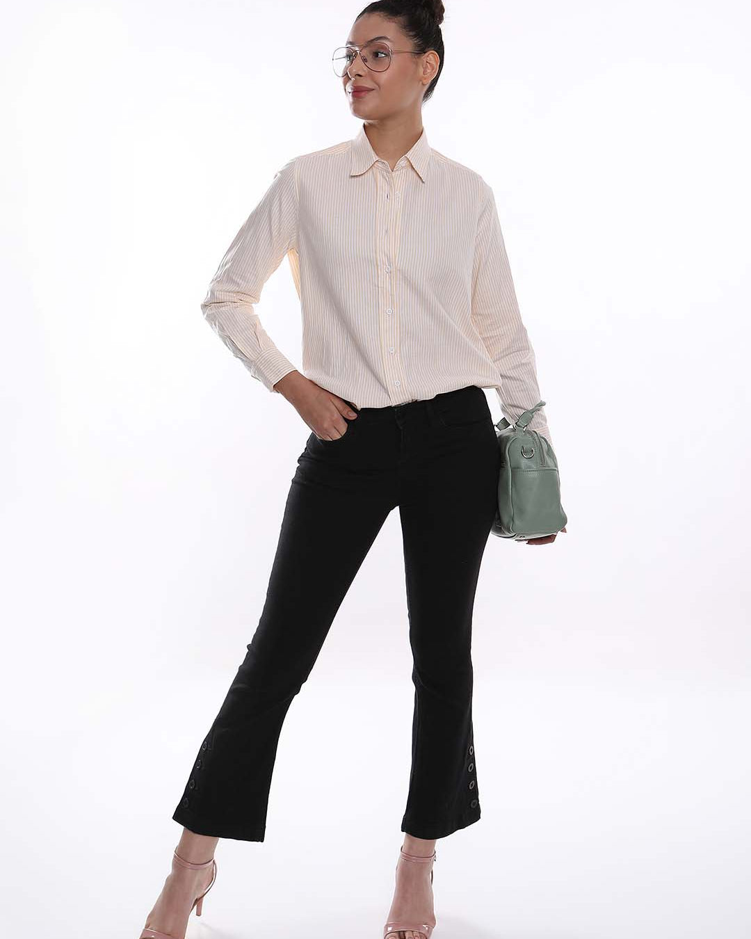 Aksa Yellow & White Striped Oxford Cotton Shirt for Women - Zurich Fit from Gazillion - Standing Stylised Look With Accessories