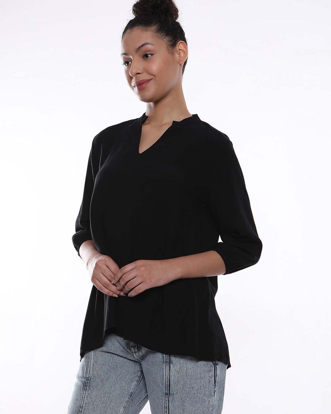 Alda Black Soft Viscose Loose Top for Women - Florence Fit from GAZILLION - Left Side Look