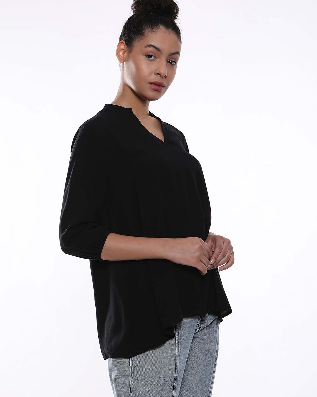 Alda Black Soft Viscose Loose Top for Women - Florence Fit from GAZILLION - Right Side Look