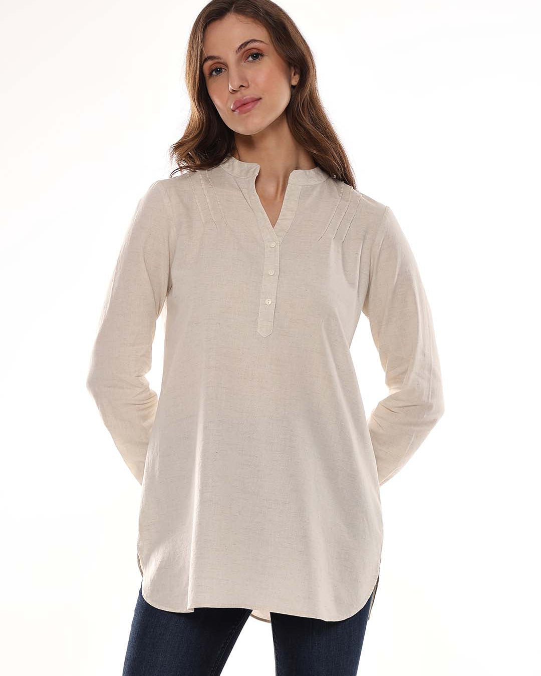 Alexa Beige Cotton-Linen Tunic Shirt for Women - Istanbul Fit from GAZILLION - Front Look