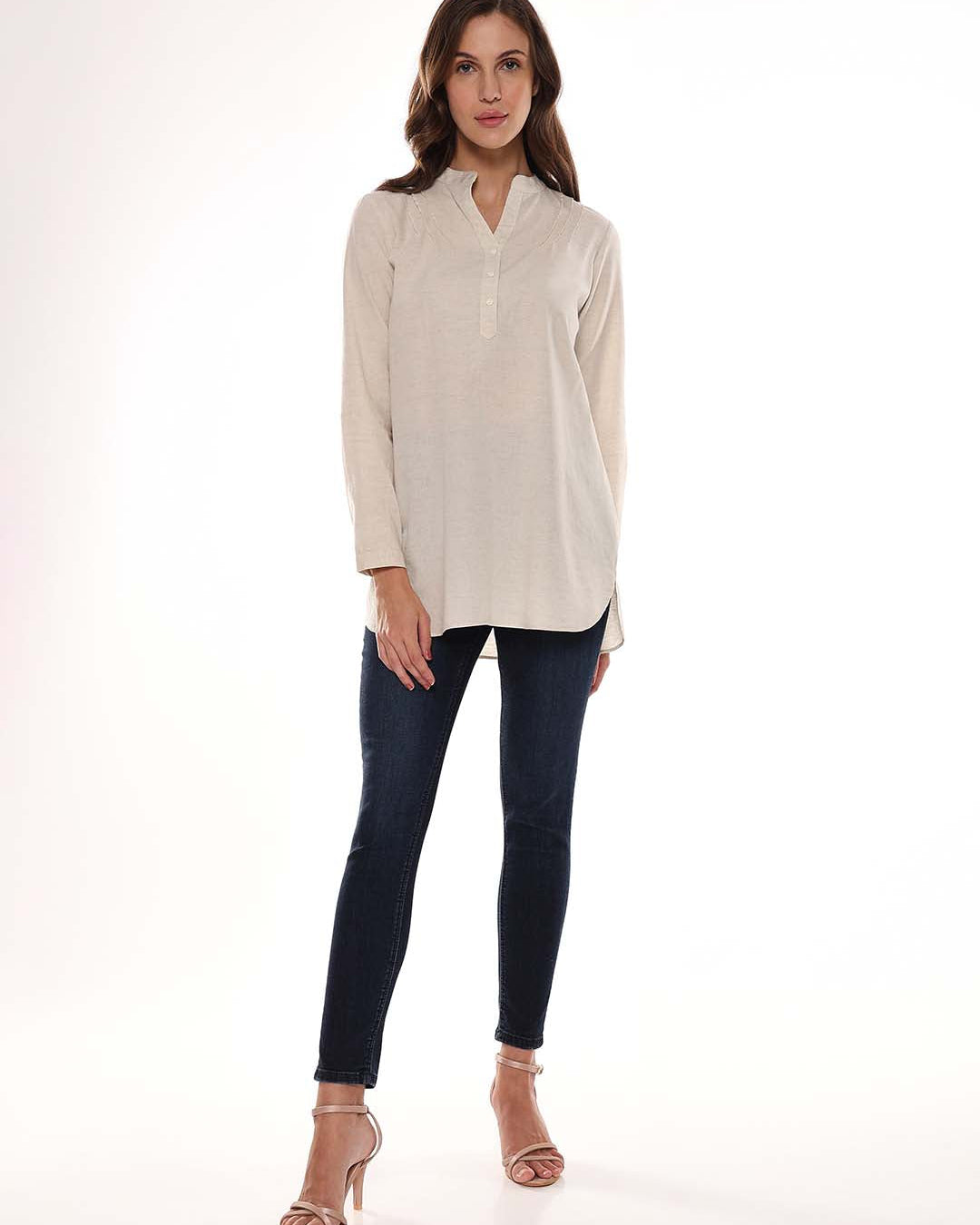 Alexa Beige Cotton-Linen Tunic Shirt for Women - Istanbul Fit from GAZILLION - Full Standing Stylised Look