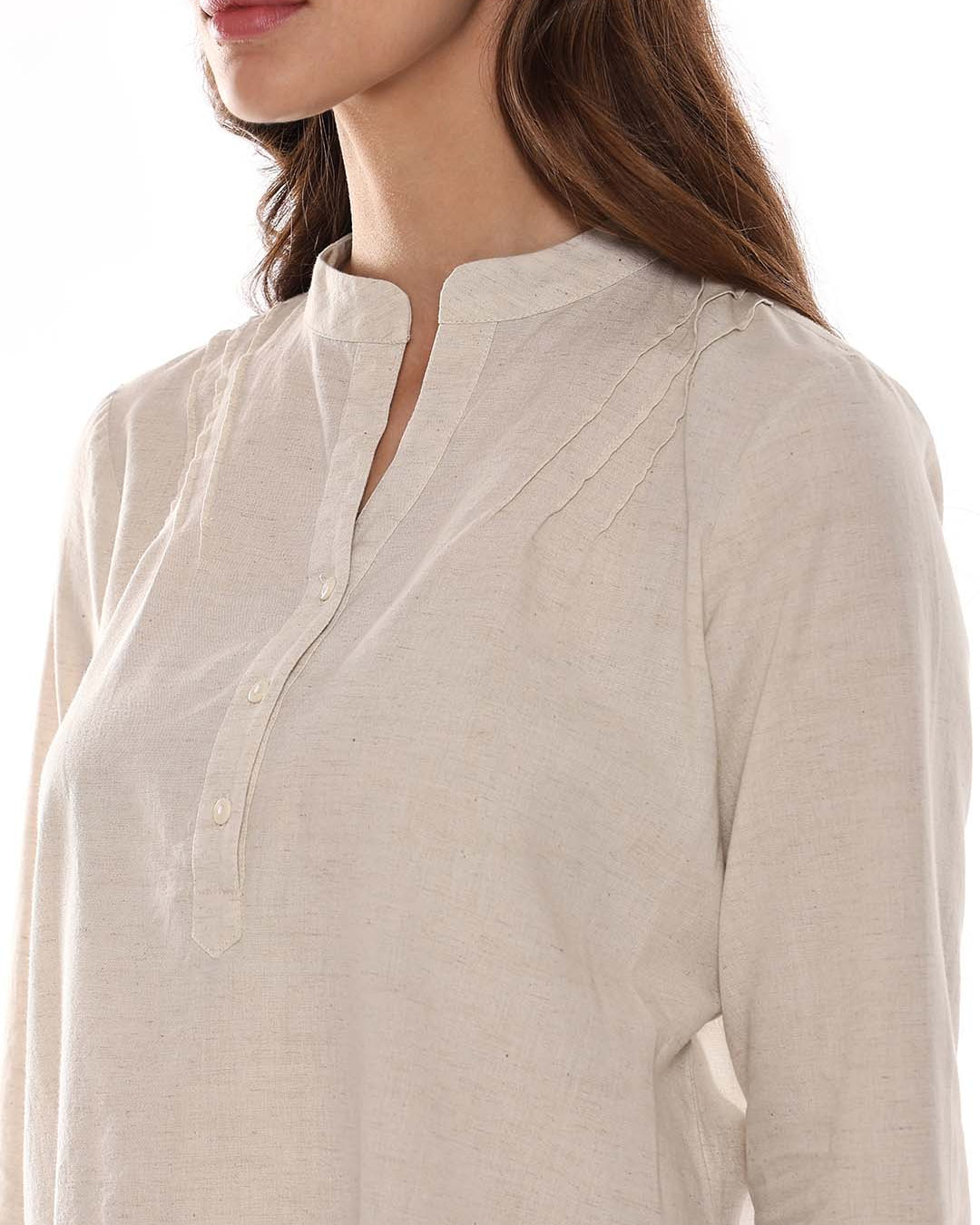 Alexa Beige Cotton-Linen Tunic Shirt for Women - Istanbul Fit from GAZILLION - Left Side Detail