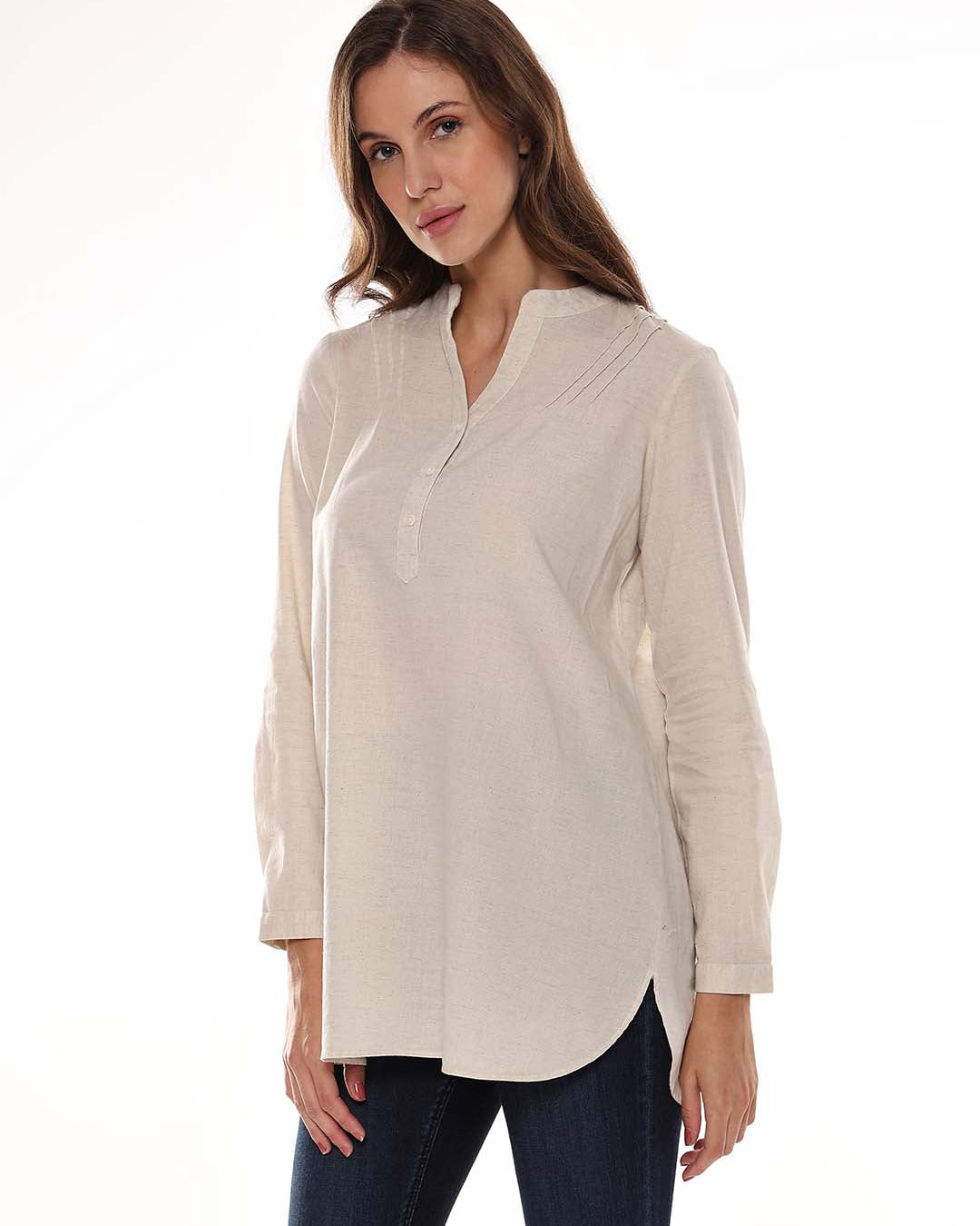 Alexa Beige Cotton-Linen Tunic Shirt for Women - Istanbul Fit from GAZILLION - Left Side Look