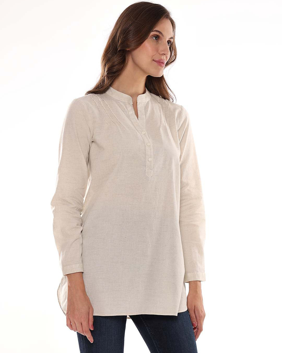 Alexa Beige Cotton-Linen Tunic Shirt for Women - Istanbul Fit from GAZILLION - Right Side Look