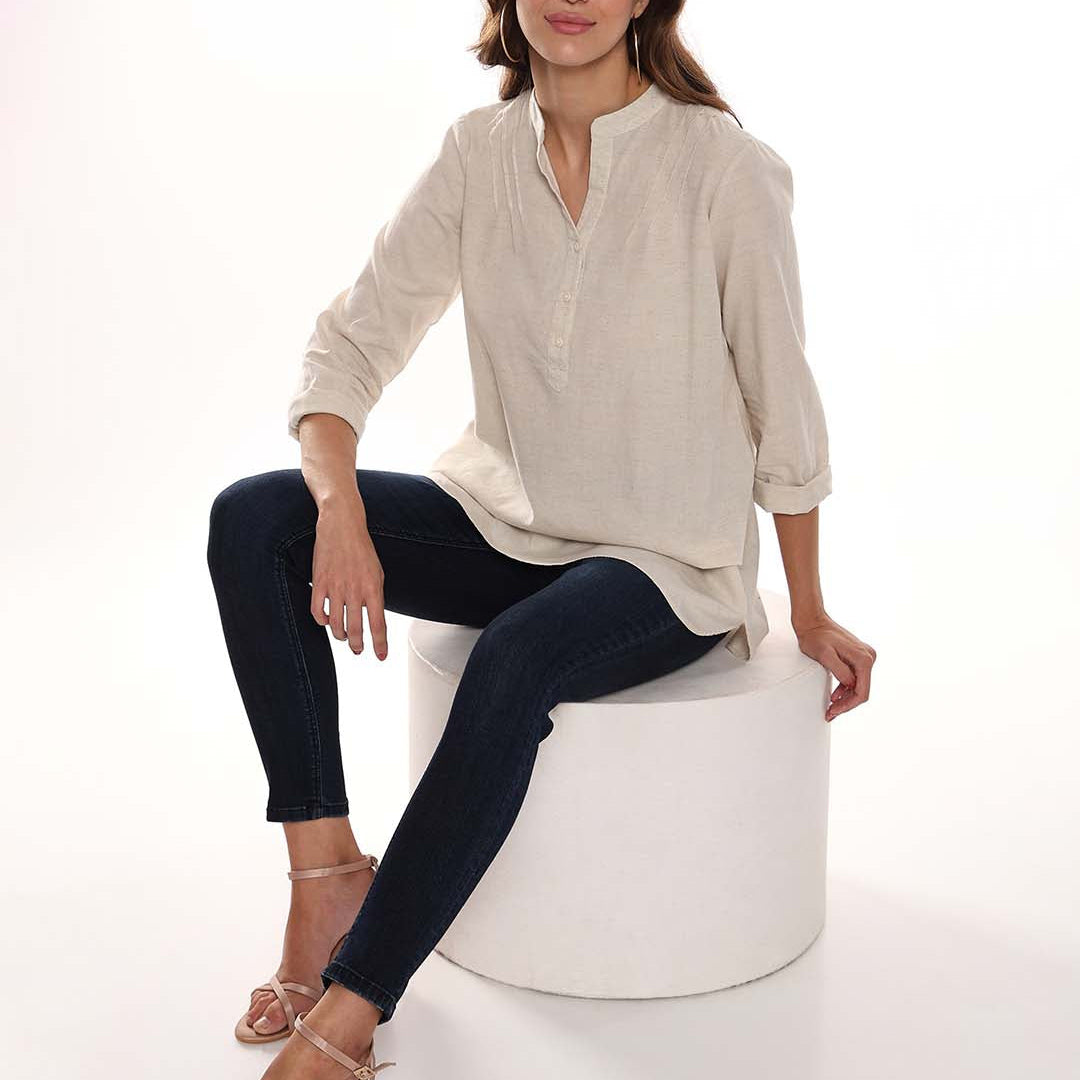 Alexa Beige Cotton-Linen Tunic Shirt for Women - Istanbul Fit from GAZILLION - Seated Stylised Look