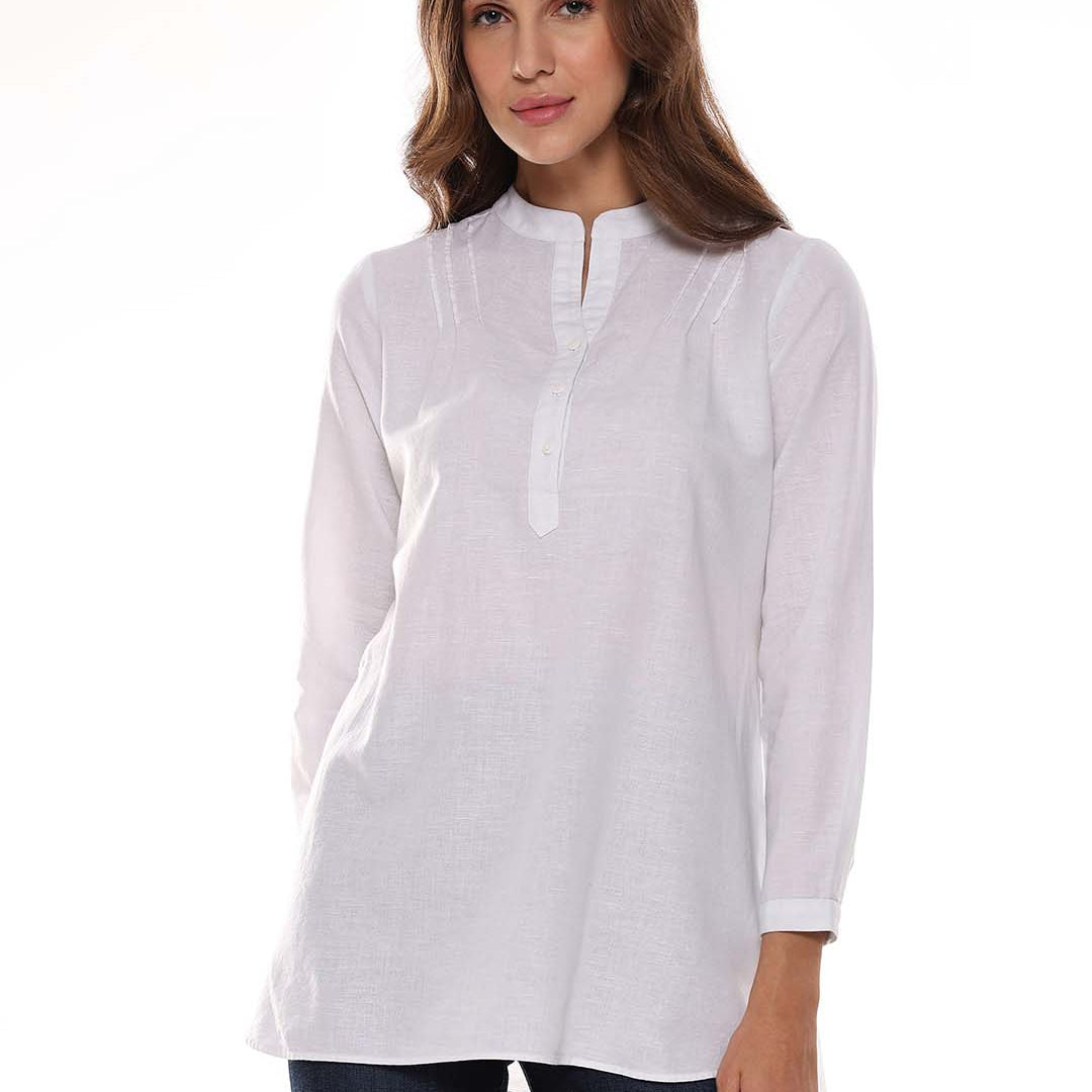Alexa White Cotton-Linen Tunic Shirt for Women - Istanbul Fit from GAZILLION - Front Look