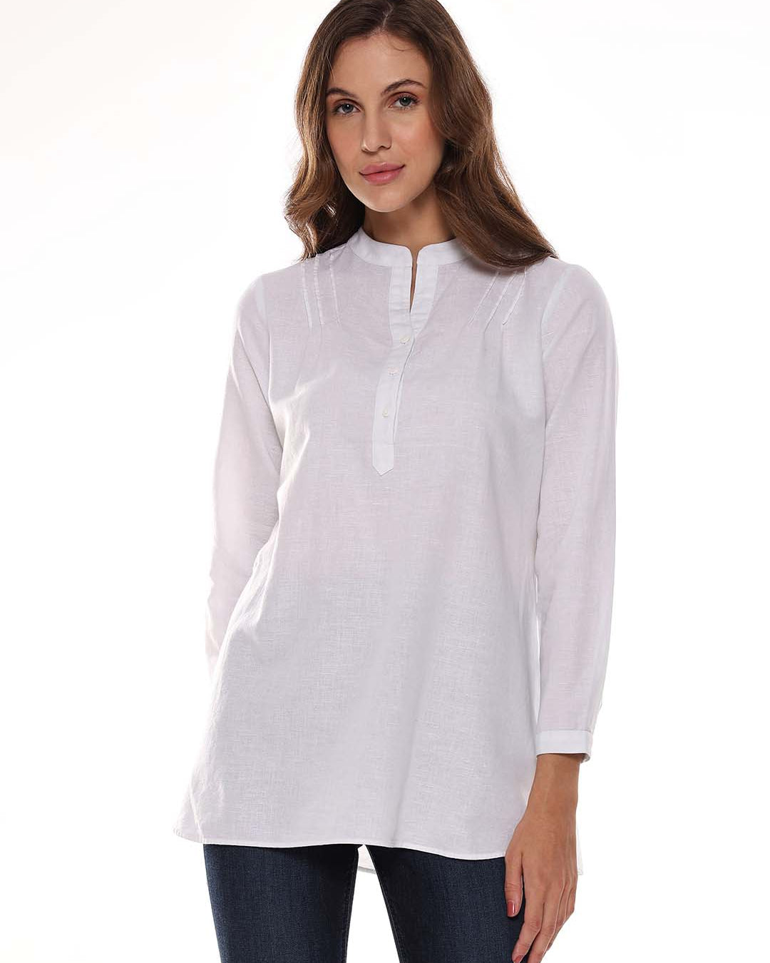 Alexa White Cotton-Linen Tunic Shirt for Women - Istanbul Fit from GAZILLION - Front Look