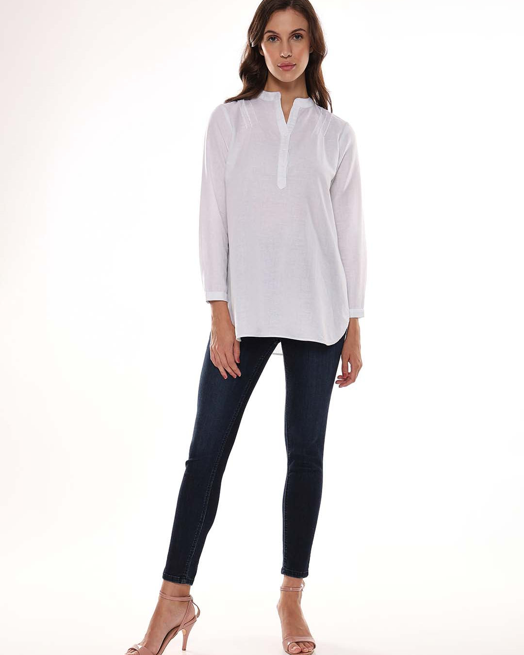 Alexa White Cotton-Linen Tunic Shirt for Women - Istanbul Fit from GAZILLION - Full Standing Stylised Look
