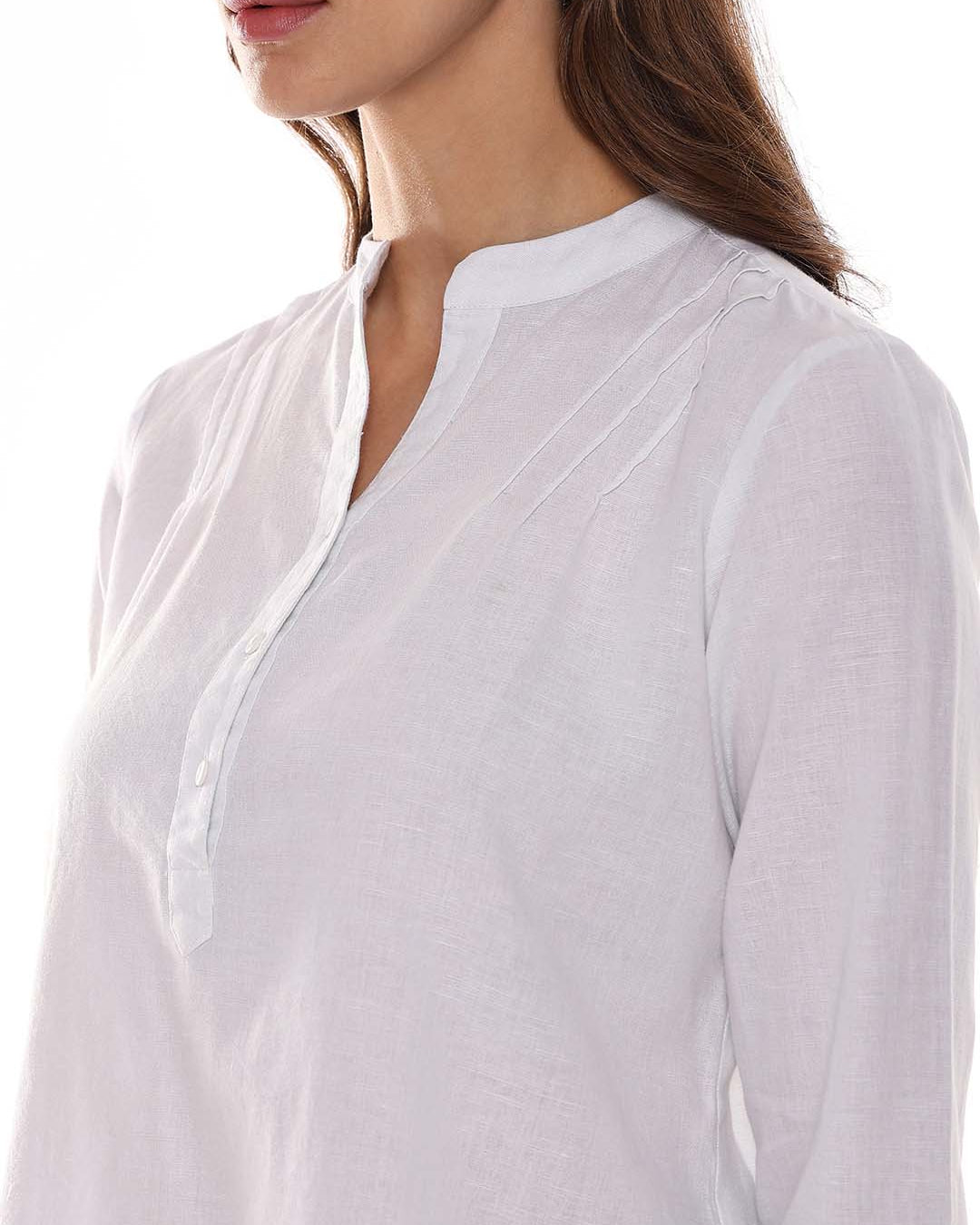 Alexa White Cotton-Linen Tunic Shirt for Women - Istanbul Fit from GAZILLION - Left Side Detail