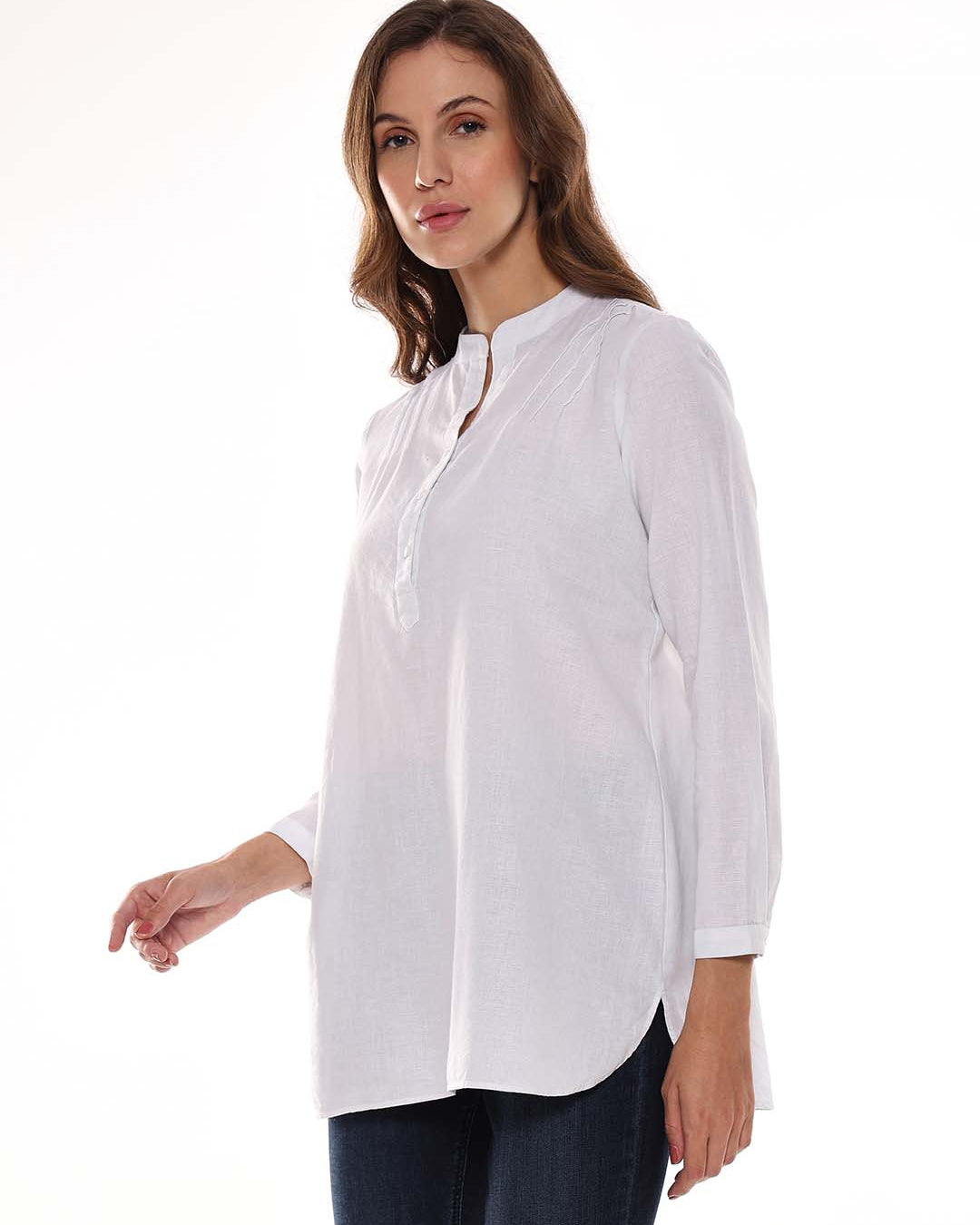 Alexa White Cotton-Linen Tunic Shirt for Women - Istanbul Fit from GAZILLION - Left Side Look