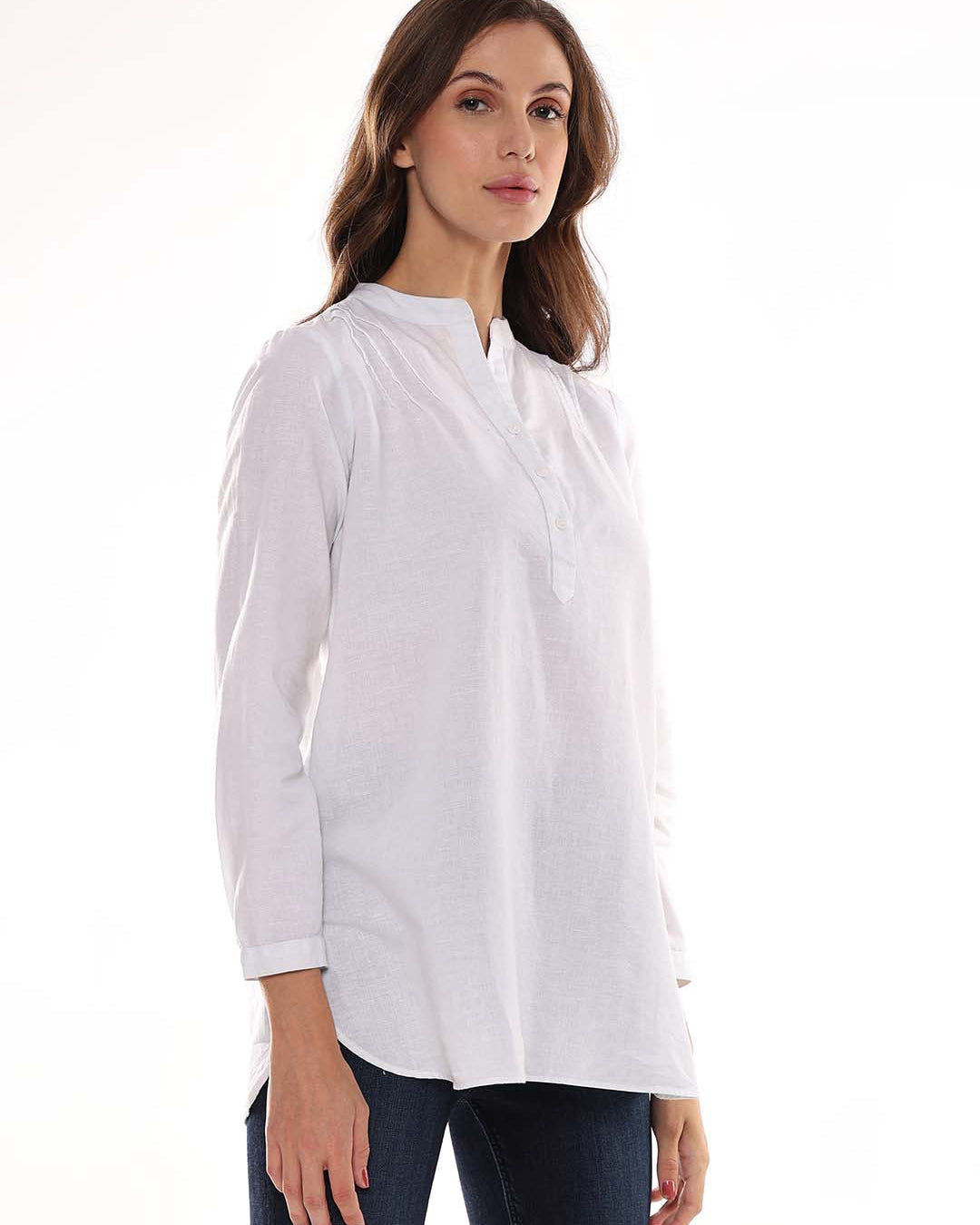 Alexa White Cotton-Linen Tunic Shirt for Women - Istanbul Fit from GAZILLION - Right Side Look