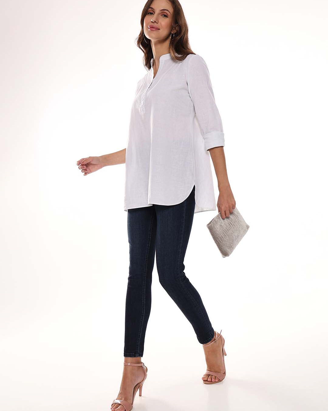 Alexa White Cotton-Linen Tunic Shirt for Women - Istanbul Fit from GAZILLION - Standing Stylised Look With Accessories