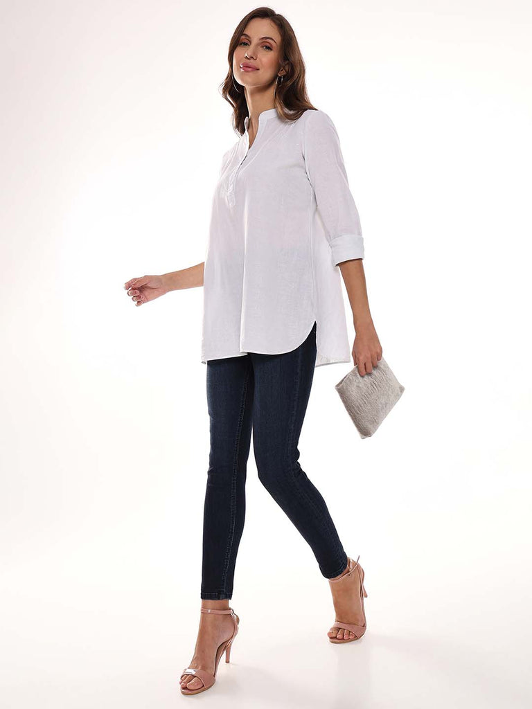 Alexa White Cotton-Linen Tunic Shirt for Women - Istanbul Fit from GAZILLION - Standing Stylised Look With Accessories