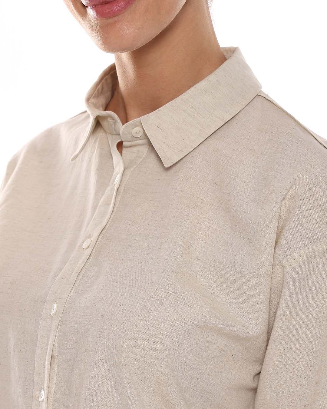 Alexis Beige Cotton-Linen Drop-Shoulder Shirt for Women - Paris Fit from GAZILLION - Front Detail