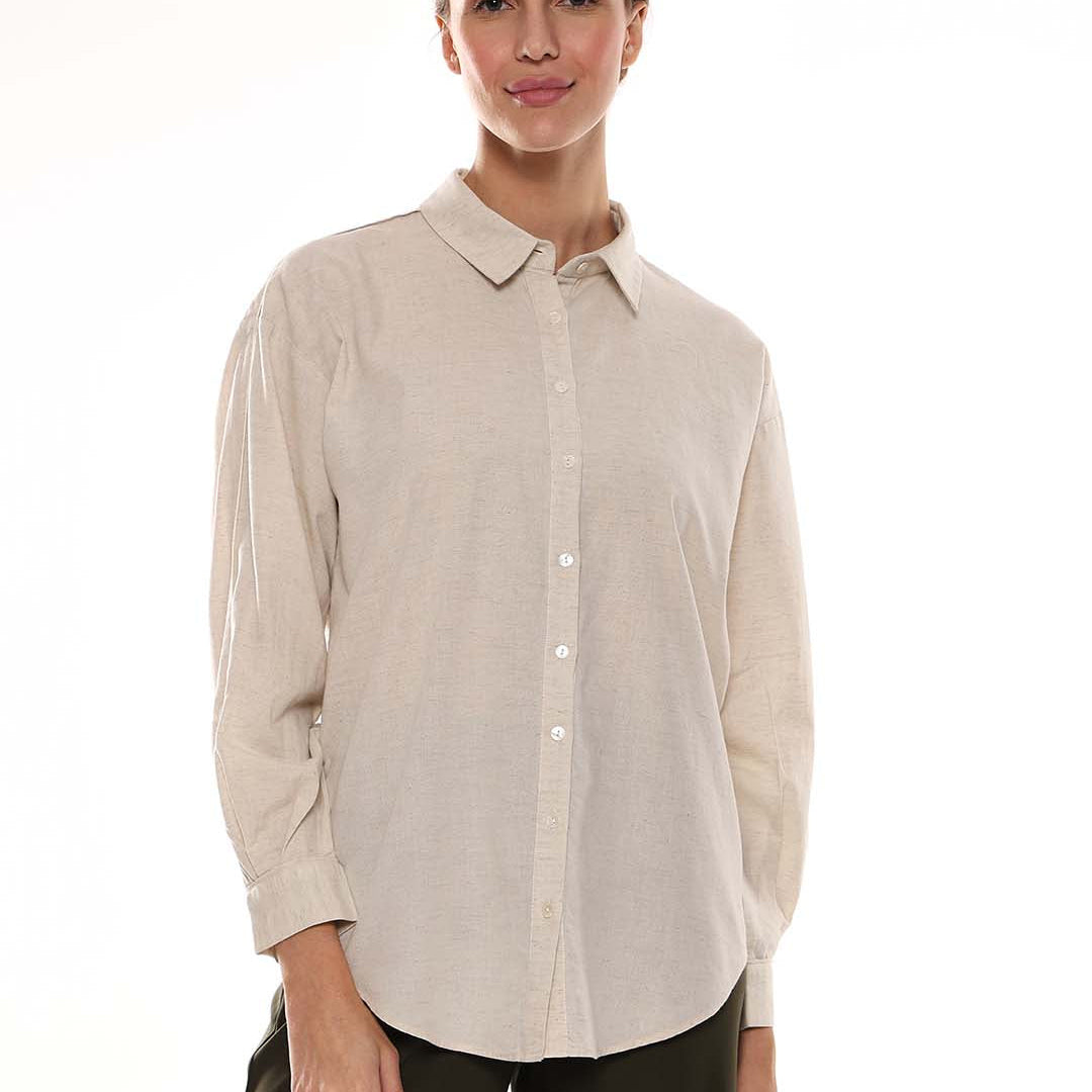 Alexis Beige Cotton-Linen Drop-Shoulder Shirt for Women - Paris Fit from GAZILLION - Front Look