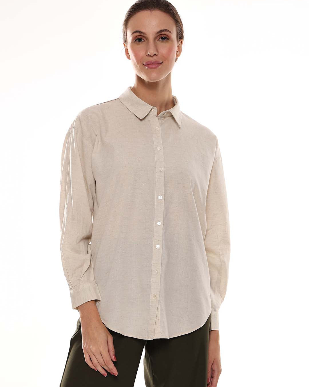 Alexis Beige Cotton-Linen Drop-Shoulder Shirt for Women - Paris Fit from GAZILLION - Front Look